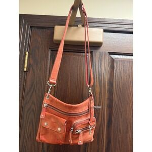 Fossil Orange Leather Crossbody Bag Flap Pockets Zip Key Charm